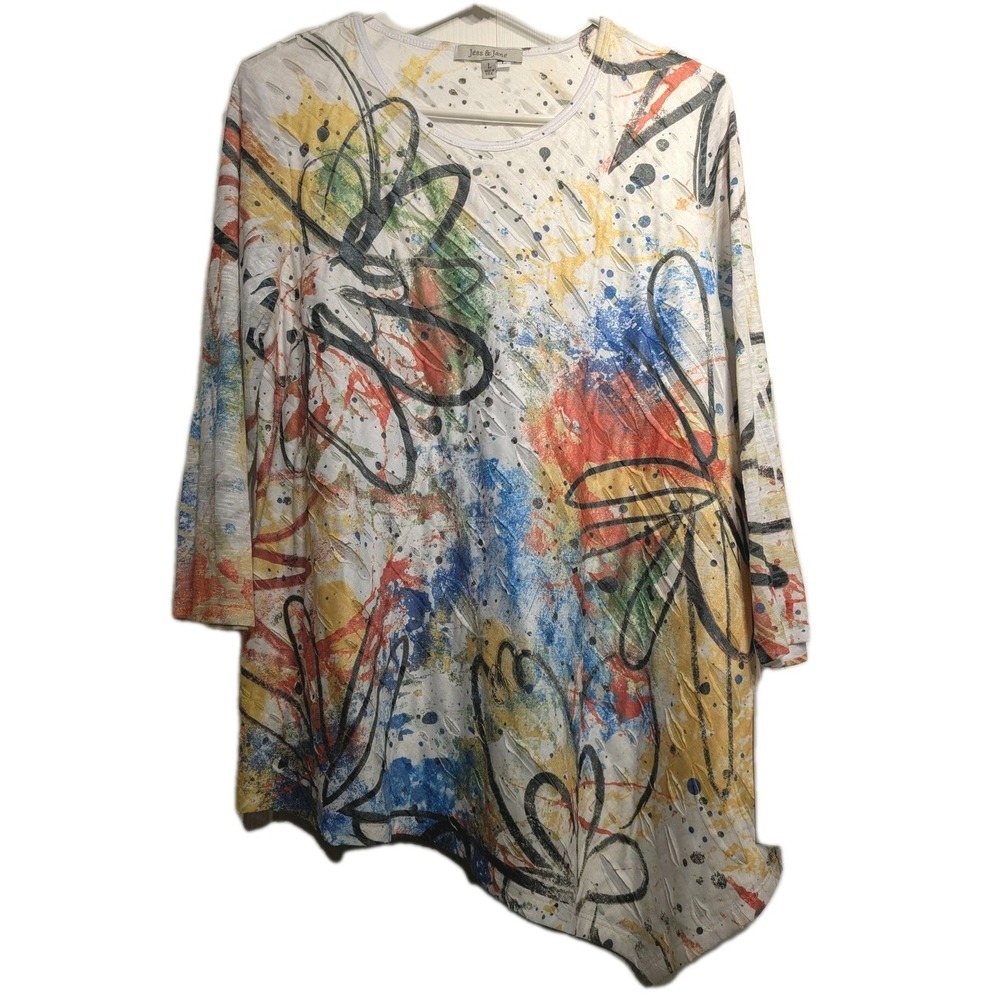 Jess & Jane Shirt Women L Burnout Scribble Art 3/4 Sleeve Tunic Top Asym Hem NWT